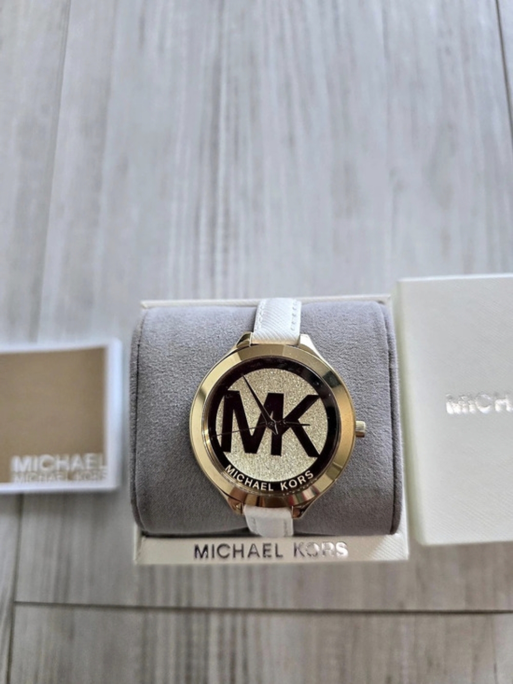 Michael Kors Slim Runway White Leather Gold-Tone Watch